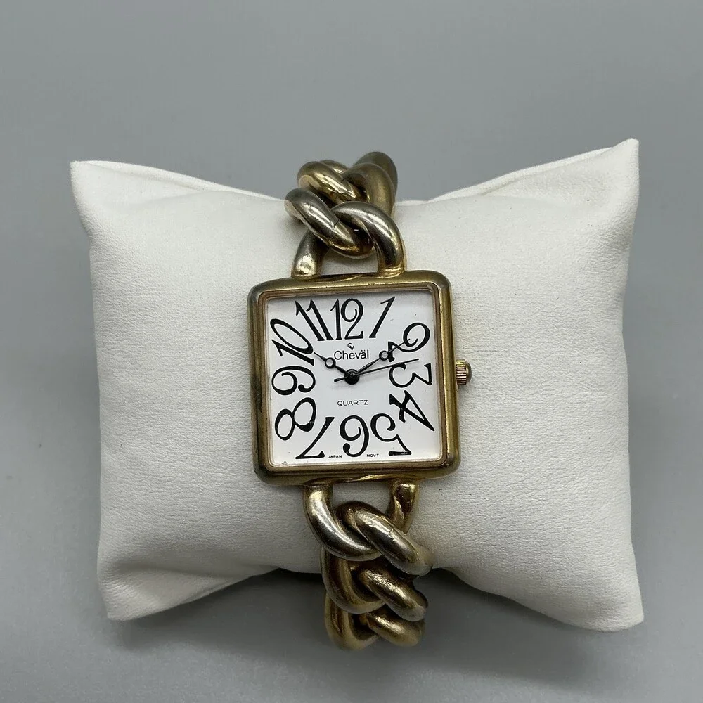 Vintage Cheval Womens Watch 27mm Square Chain Band Hong Kong New Battery 8.25